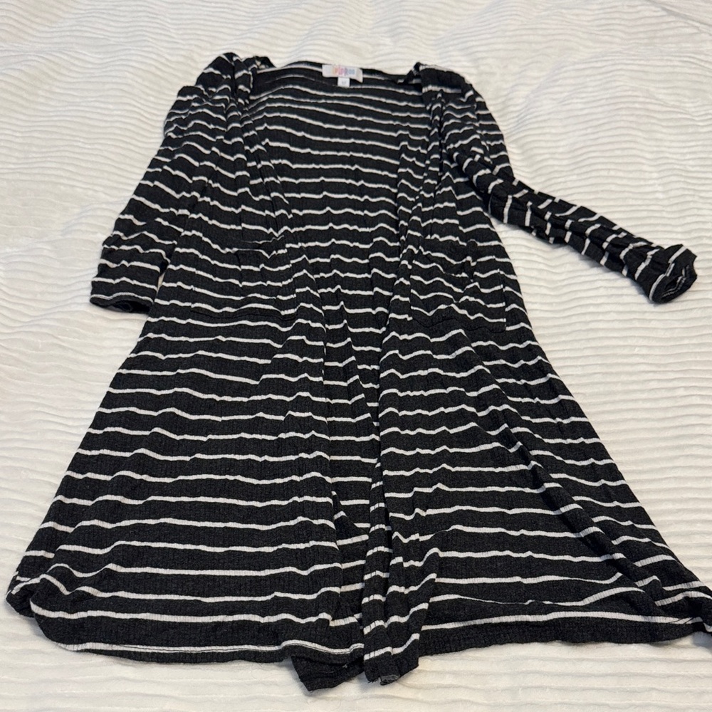 Dark Heather Gray and White Striped girls pocketed cardigan. Soft!